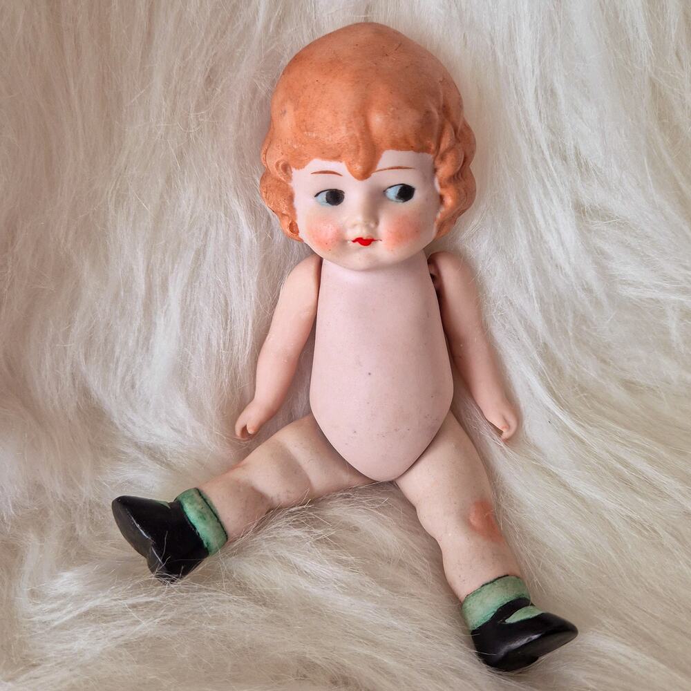 Antique German All Bisque Porcelain Doll Jointed Limbs Painted Shoes 6.5"